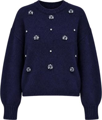 Nenette Ronde hals trui met juwelen applicaties - Dames - Ronde hals truien - Blauw - M - Wol - Truien & Vesten