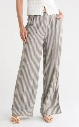 Max Studio Stripe High Waist Wide Leg Linen Blend Pants in Olive Carrier Stripe at Nordstrom Rack, Size X-Small