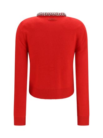 Pinko Womens Colonia Cardigan With Jewel Collar Rosso Ibisco Sweater
