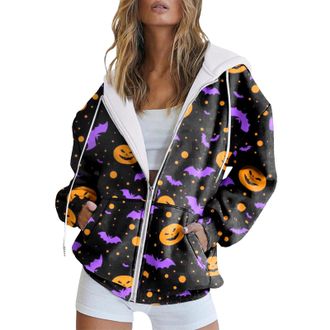 Generic Ladies Presents TodayS Deals Halloween Sweatshirt for Women UK Fashion Hoodie Long Sleeve Pocket Zipper Track Jacket Loose Halloween Pumpkin Print Wom