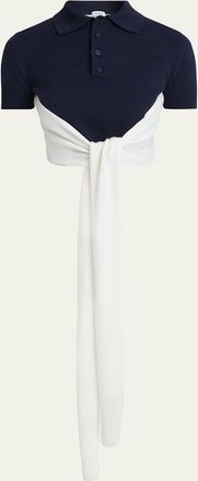 Loewe Colorblock Cropped Backless Wool Cashmere Polo Sweater with Self-Tie