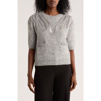 Elie Tahari Embellished Short Sleeve Sweater in Light Heather Grey at Nordstrom Rack, Size Large