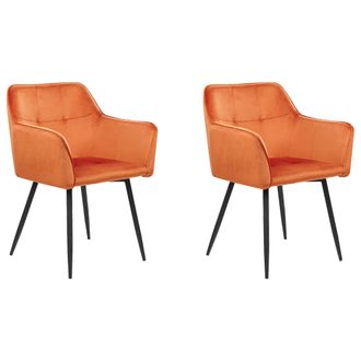 Beliani Conjunto De 2 Sillas De Comedor De Terciopelo Naranja Negro Reposabrazos Jasmin
