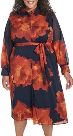 Calvin Klein Floral Chiffon Shirtdress in Indigo Multi at Nordstrom Rack, Size 14W