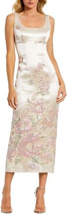 Mac Duggal Petite Slim Strap Scoop Neck Bustier Brocade Midi Dress in Champagne Multi at Nordstrom, Size 10