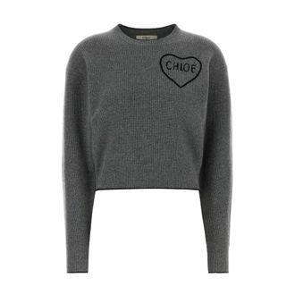 Chlo&eacute; Truien & Vesten, Dames, Grijs, S, Wol, Heart Logo Knit Sweater