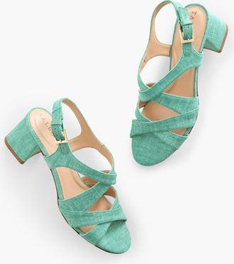 Talbots Millie Straps Block Heel Washed Linen Sandals - Deep Green - 10 1/2 M Talbots
