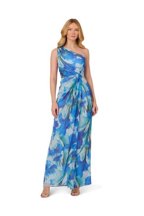 Adrianna Papell Womens Print Chiffon Long Dress - Blue - Size 12 UK