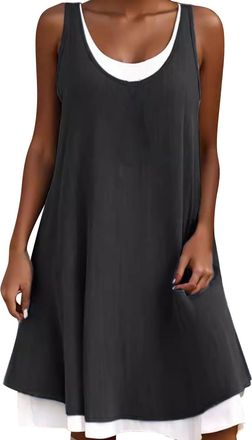 Generic Dresses for Wedding Guests for Ladies 2025 Trendy 2025 Summer New Casual Sleeveless Two Loose Sundresses Women Slip (Black, XL)