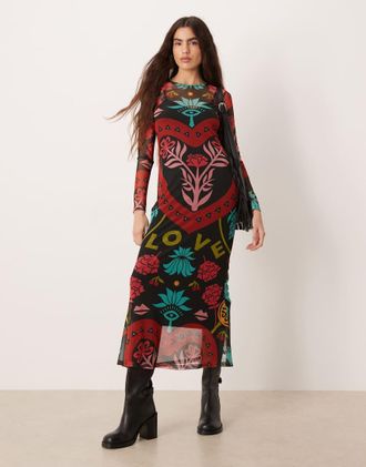 Never Fully Dressed Vestito lungo in rete con stampa astratta vivace-Multicolore