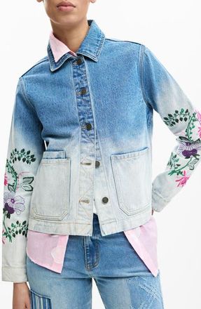 Desigual Floral Embroidered Denim Trucker Jacket in Medium Blue at Nordstrom, Size X-Small