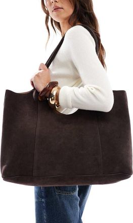 Asos Premium - Borsa shopping premium arrotondata in camoscio doppiato color cioccolato-Marrone