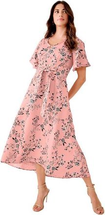 Roaman's Plus Size Flutter Sleeve V Neck Fit And Flare Bi Stretch Maxi Dress in Blush Rose Garden at Nordstrom, Size 30