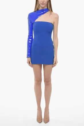 DAVID KOMA One-Shoulder Sheath Dress with Sequin Sleeve David Koma