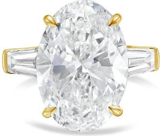 Diana M. Jewels 18kt yellow gold 6ct lab grown oval diamond ring with baguettes on the sides