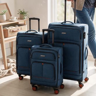 Infinity Leather Zachte linnen koffer blauw, 8 wielen, lichtgewicht reisbagage