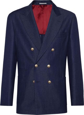 Brunello Cucinelli double-breasted wool-blend blazer - men - Wool/Linen/Flax - 46 - Blue