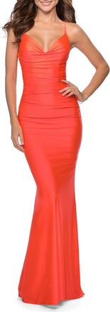 La Femme Strappy Back Ruched Trumpet Gown in Neon Coral at Nordstrom, Size 00