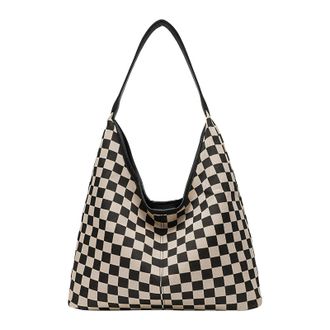 Generic Womens Canvas Tote Bag, Casual Shoulder Bags Stylish Checker Handbag PU Leather Casual Underarm Bag Large Capacity All-Match Armpit Bags Travel Work S