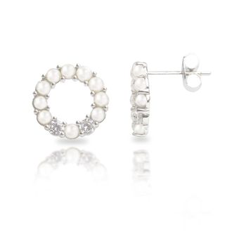 MAX + STONE Sterling Silver Freshwater Pearl Open Circle Earrings With Cubic Zirconia Accents