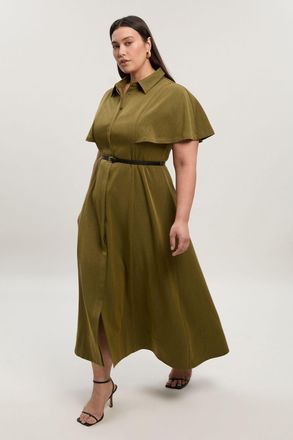 Karen Millen Womens Plus Size Twill Cape Sleeve Belted Shirt Woven Midi Dress - Khaki - Size 18 UK