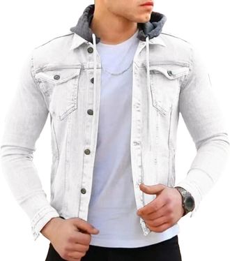 Generic Mens Distressed Denim Jacket Slim Fit Casual Hoodie Trucker Jean Jacket Long Sleeve Lightweight Spring Jackets White Medium