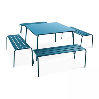 Oviala Mesa de jard&iacute;n cuadrada y 4 bancos de metal azul pac&iacute;fico