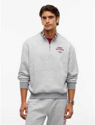 Tommy Hilfiger Mens Embroidered Logo Quarter-Zip Sweatshirt - Grey Heather - XL