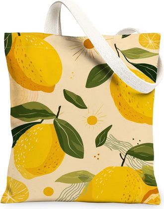Generic Lemon Print Canvas Tote Bag, Botanical Fruit Pattern Reusable Grocery Bags, Vintage Lightweight Washable Shoulder Strap Can, Yellow, 13x15 Inch