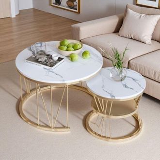 OEM Mesa Baja Nido - M&aacute;rmol Blanco Y Oro - 2 Piezas - Dise&ntilde;o Moderno - Estabilidad &Oacute;ptima