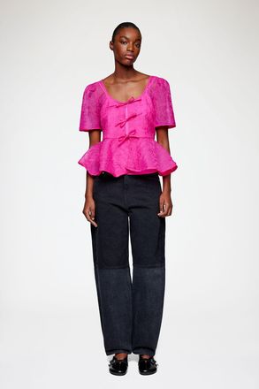 Ganni Peplum Blouse in Shibori Organza - Size 32 Raspberry Rose