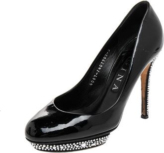 Gina Black Patent Leather Crystal Embellished Pumps