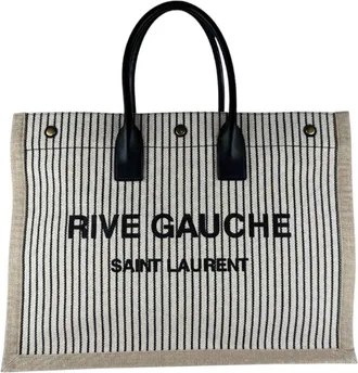 Saint Laurent Beige Black Ivory Canvas Leather Handbag Tote Bag (Pre-Owned)