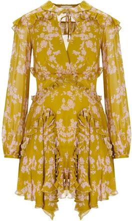 Elisabetta Franchi Mini-jurk met bloemenprint en ruches - Dames - Korte kleedjes - Geel - L - Kleedjes