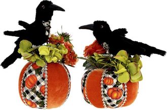 Mark Roberts Handmade Set Of 2 Pumpkins With Crows - 11-13.5In