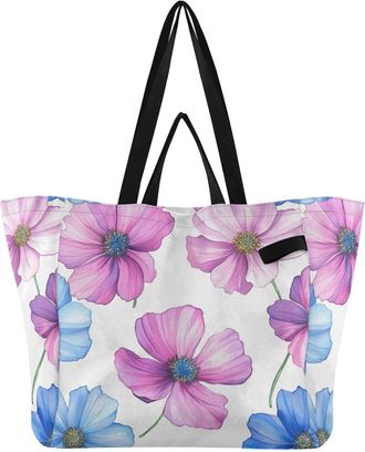 Generic Pink Blue Flower pattern Reusable Canvas Tote Bag, Heavy Duty Grocery Shopping Bag with Hard Bottom Large Capacity Double Handles Work Groceries Trave