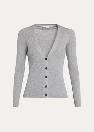 Brunello Cucinelli Sparkle Cashmere Rib V-Neck Cardigan