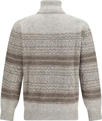 Brunello Cucinelli Mens Fair Isle Knit Turtleneck Sweater Fog