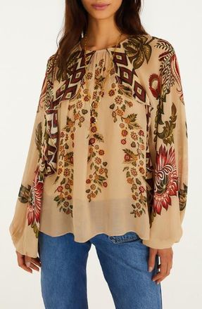 Farm Rio Ligia Floral Cascade Long Sleeve Top in Orange at Nordstrom, Size Xx-Small