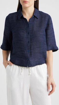 Eileen Fisher Short Sleeve Organic Linen Blend Button-Up Shirt in Ink at Nordstrom, Size Xx-Small