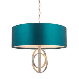 Loops Antique Silver Ceiling Pendant Light & Teal Satin Shade - 5 Bulb Hanging Fitting in Metallics