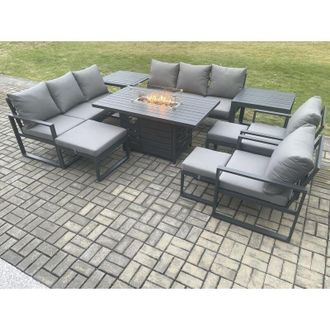 Fimous Fimous Aluminium Garden Furniture Outdoor Set Patio Lounge Sofa Gas Fire Pit Dining Table Set with 3 Footstools 2 Side Tables Dark Grey