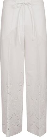 P.A.R.O.S.H. High-Waisted White Trousers with Intricate Eyelet Embroidery