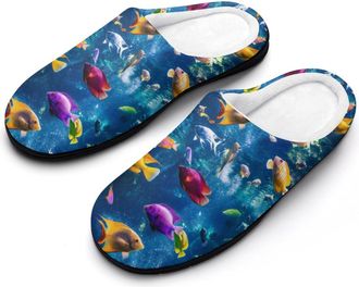 Generic Tropical Fishes Mens Slippers Memory Foam Winter Warm Sandals Slip On House Shoes Size 7-14
