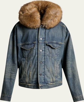 Balenciaga Mens Faux Fur-Trim Hooded Denim Trucker Jacket