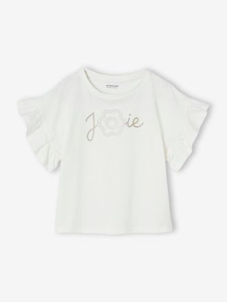 Vertbaudet Festliches M&auml;dchen T-Shirt mit Reliefblume und Glitzerschrift wei&szlig;