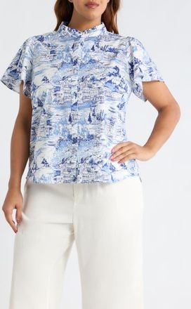 Sugarlips Kearny Floral Print Poplin Top in Wht-Blues-Mult at Nordstrom, Size 3 X