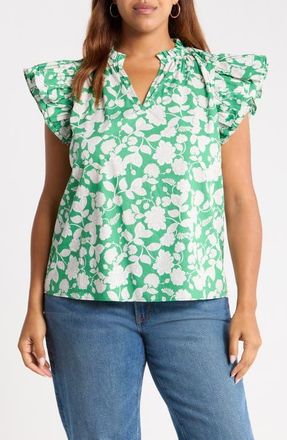 Sugarlips Baxley Risette Ruffle Floral Cotton Top in Green-Grey at Nordstrom, Size 2X