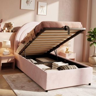 Merax 3ft Single Velvet Ottoman Bed with Storage & Arched Headboard in Pink