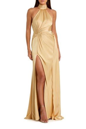 Mac Duggal Open Back High Neck Side Ruched Gown in Gold at Nordstrom, Size 10